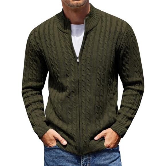 Men's Full Zip Cardigan Sweater Army Green - Picture 1 of 5